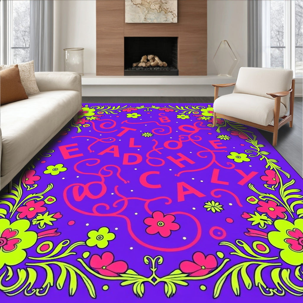 Vibrant Pink Floral Border Purple Field Rug