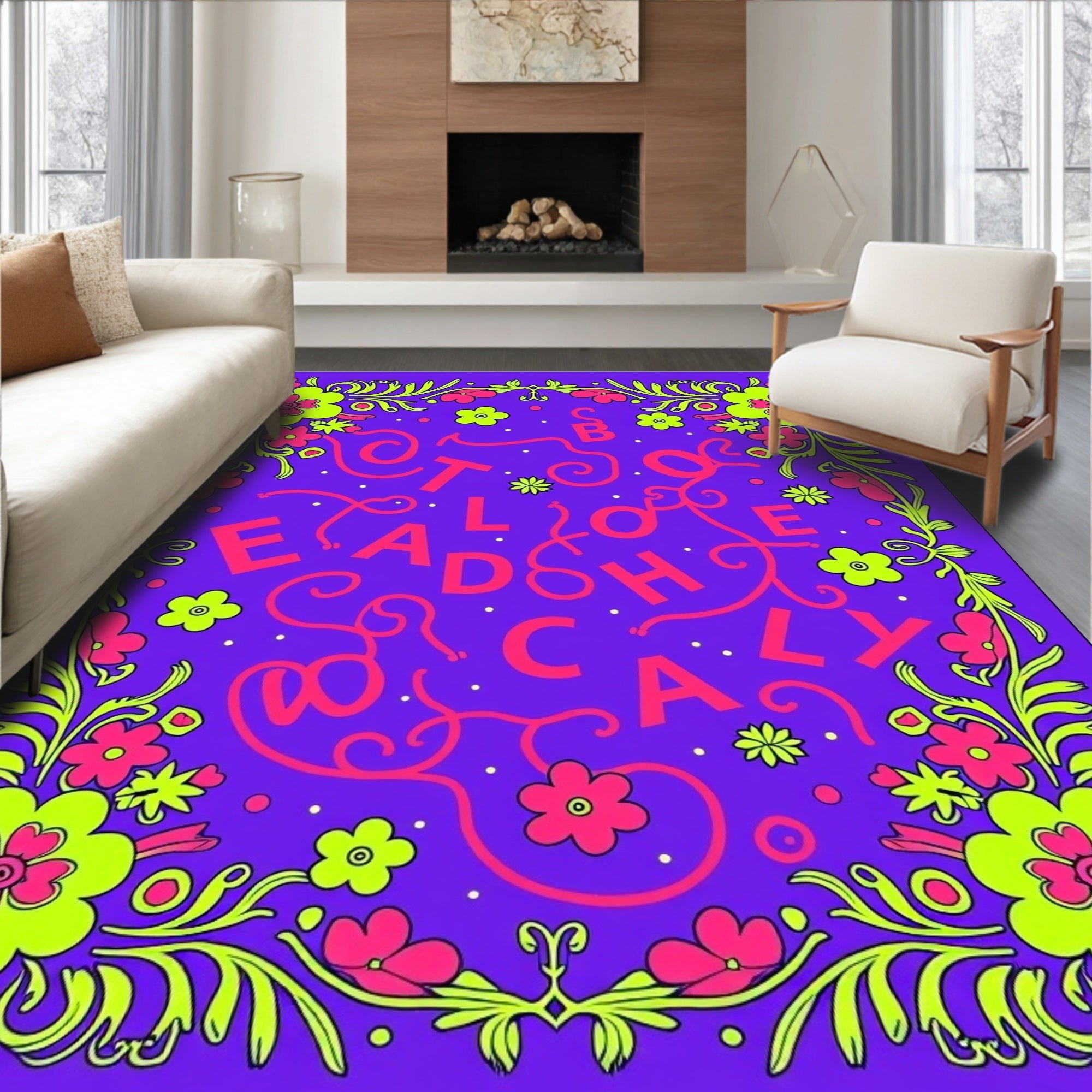 Vibrant Pink Floral Border Purple Field Rug
