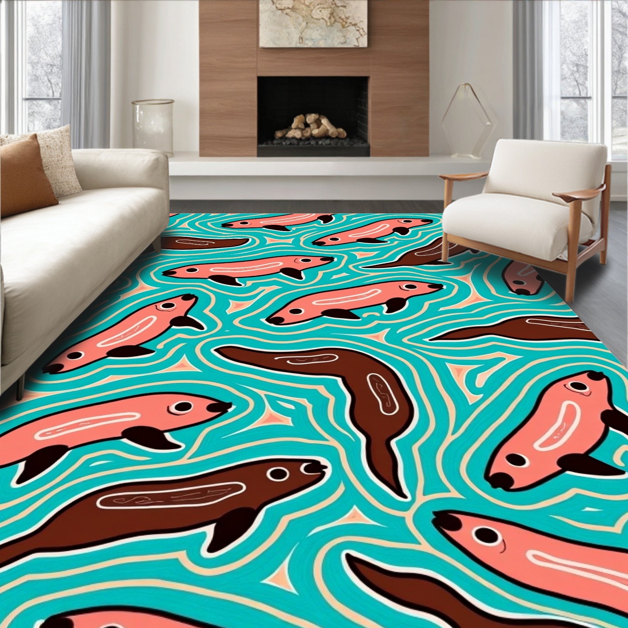 Playful Pink Seal Aqua Wave Rug