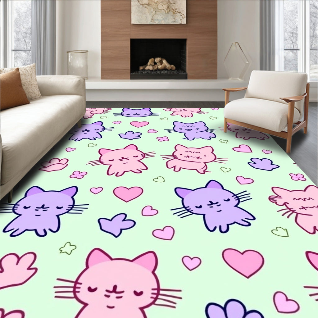 Playful Kawaii Kittens Pink Purple Hearts Rug