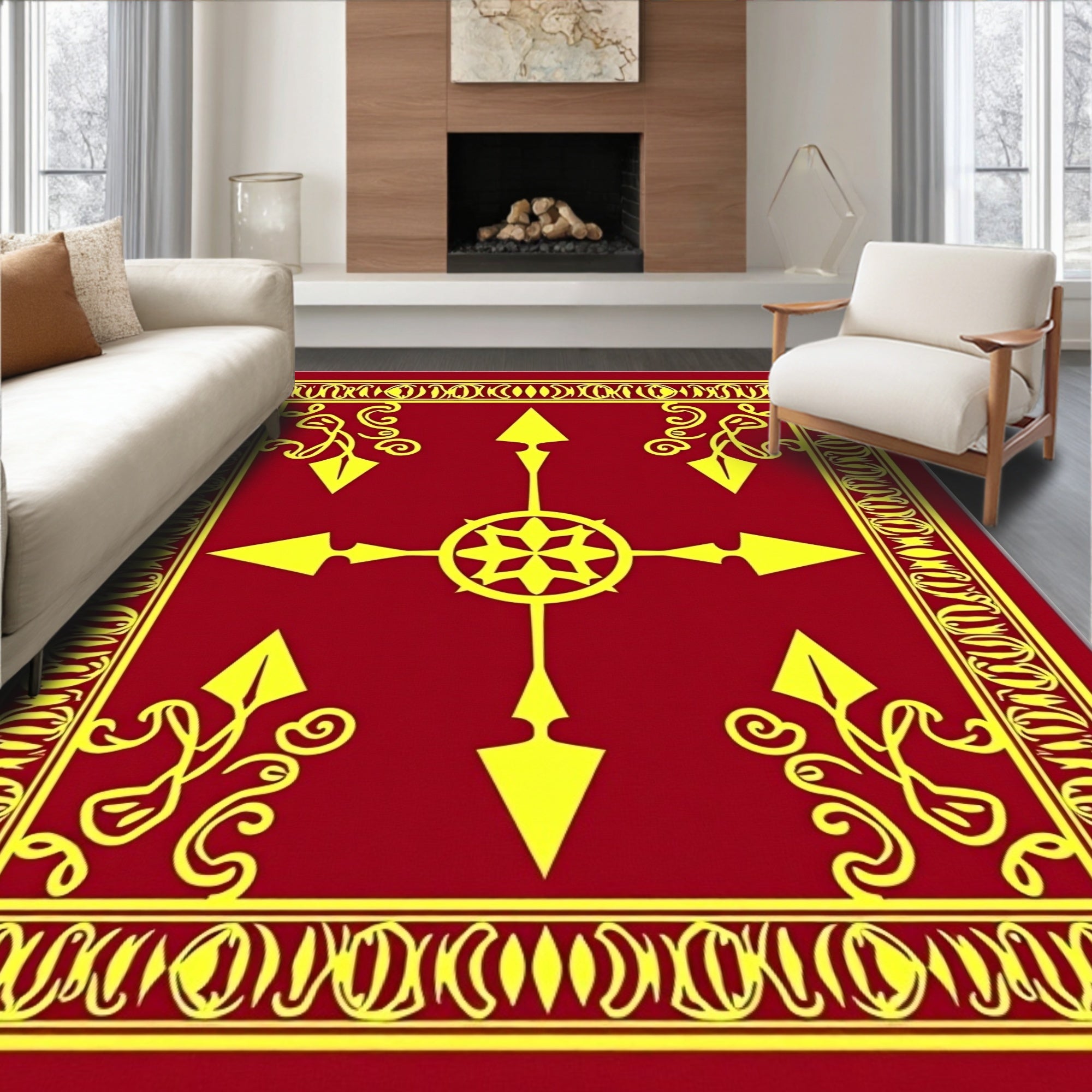 Crimson Yellow Arrow Medallion Border Rug