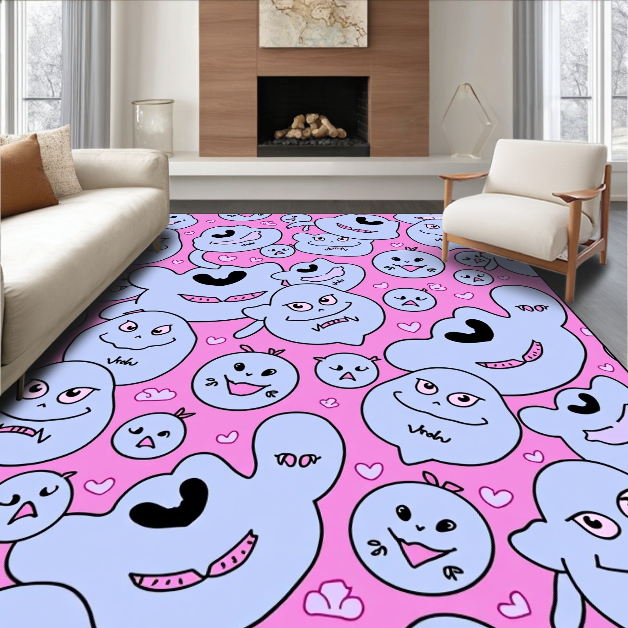 Pink Cute Blob Amorphous Characters Rug