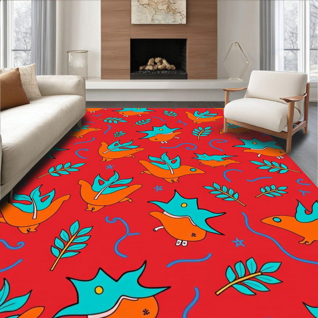Whimsical Red Orange Bird Foliage Whimsies Rug