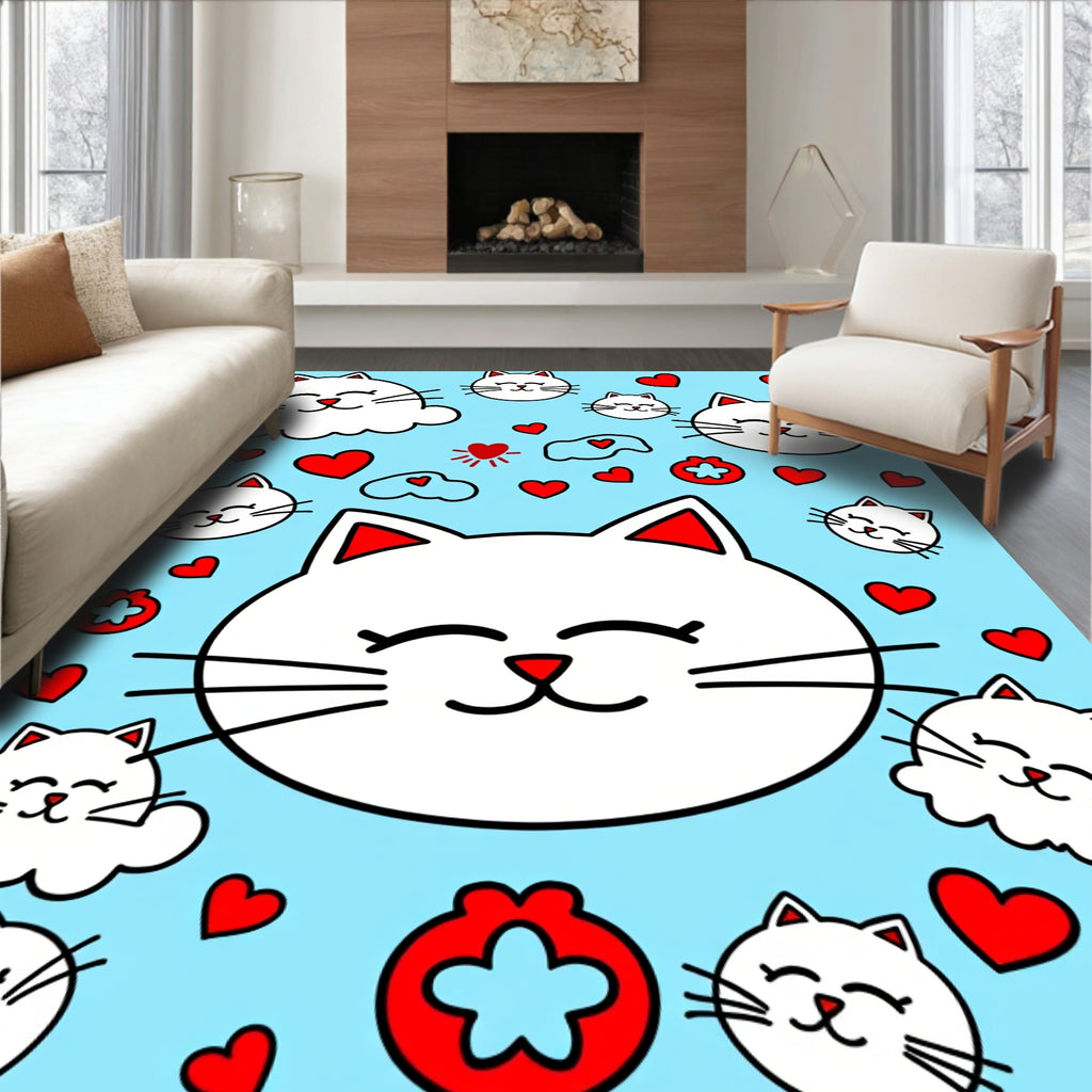 Cute White Cats And Red Hearts Rug