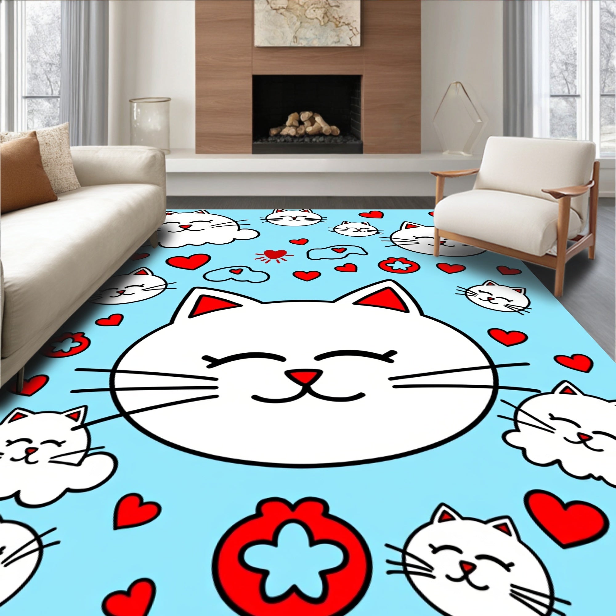 Cute White Cats And Red Hearts Rug