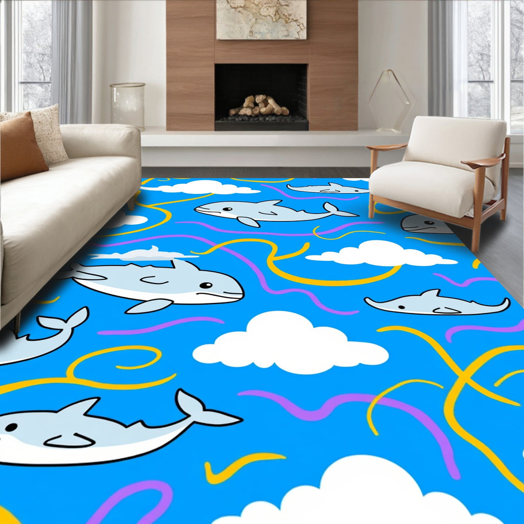 Playful Light Blue Dolphin Sky Swirls Rug