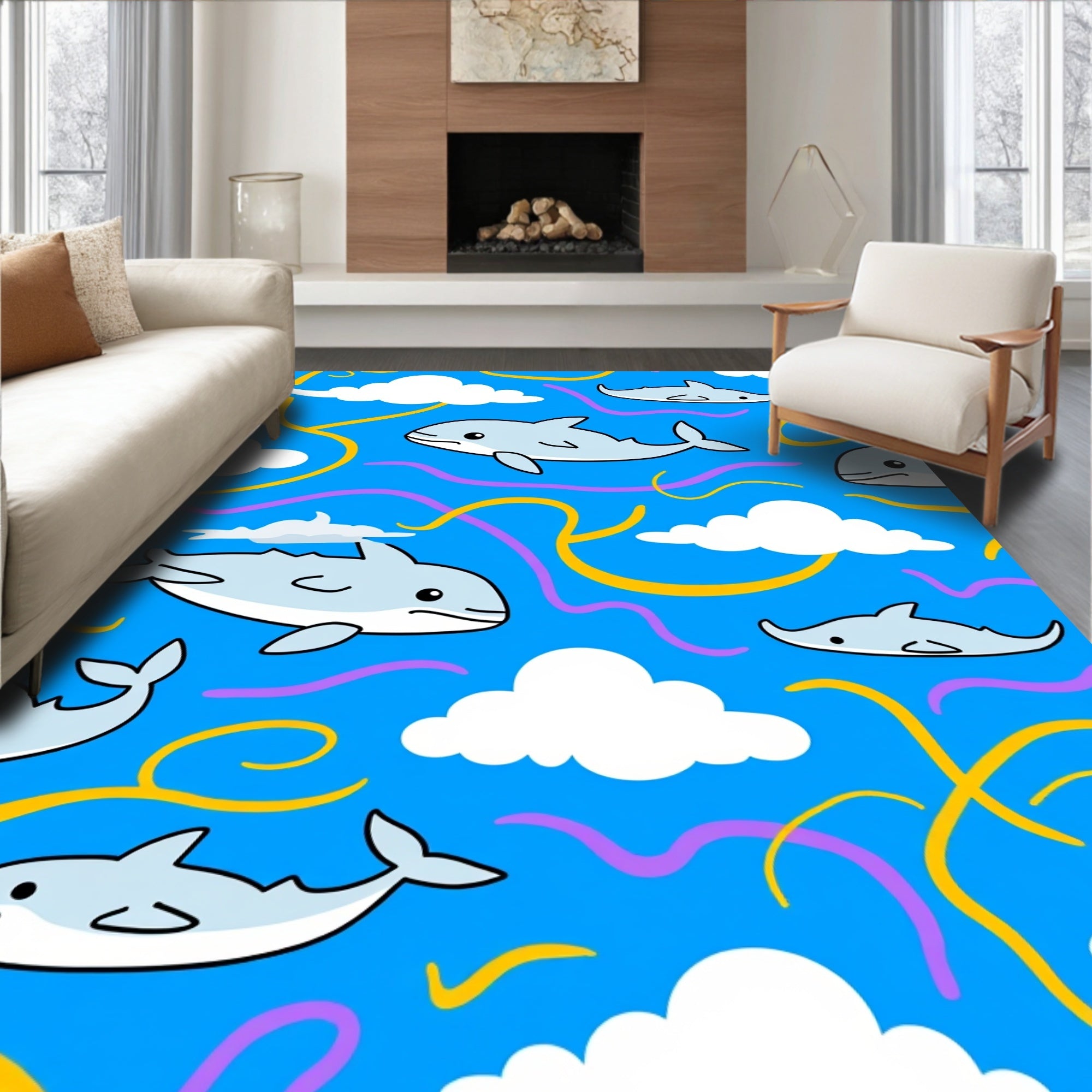 Playful Light Blue Dolphin Sky Swirls Rug