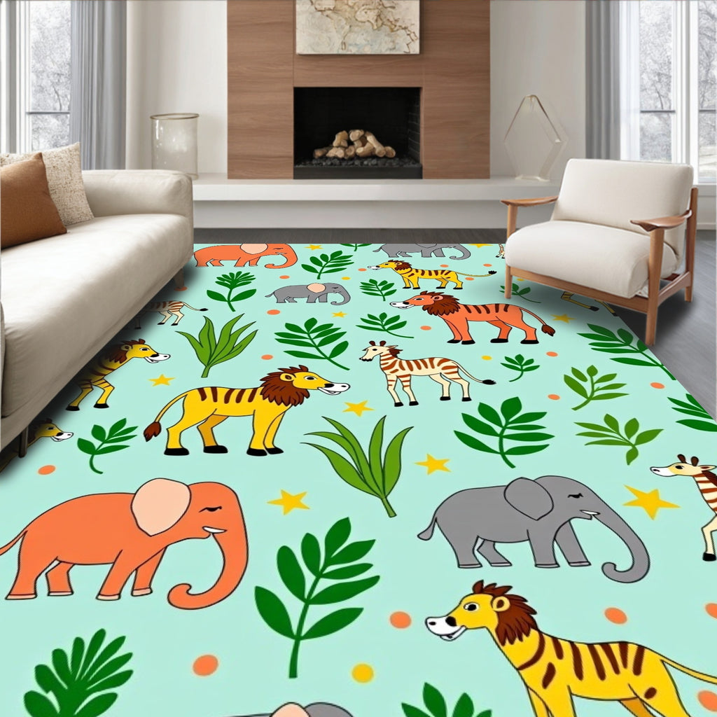 Playful Jungle Animals Green Background Rug
