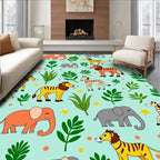 Playful Jungle Animals Green Background Rug
