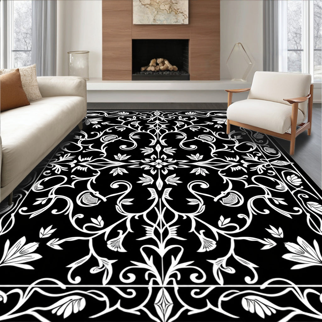 White Floral Arabesque Black Rug