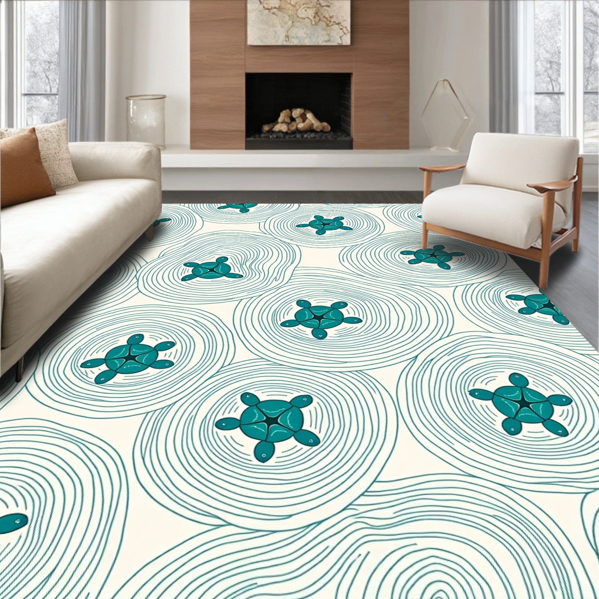 Teal Turtle Circles Line Artwork Rug