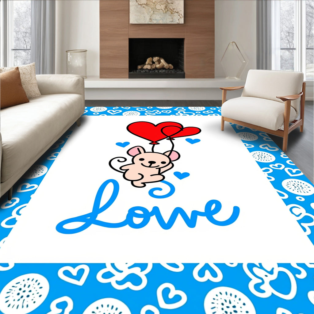 Cute Mouse Red Hearts Love Blue Rug