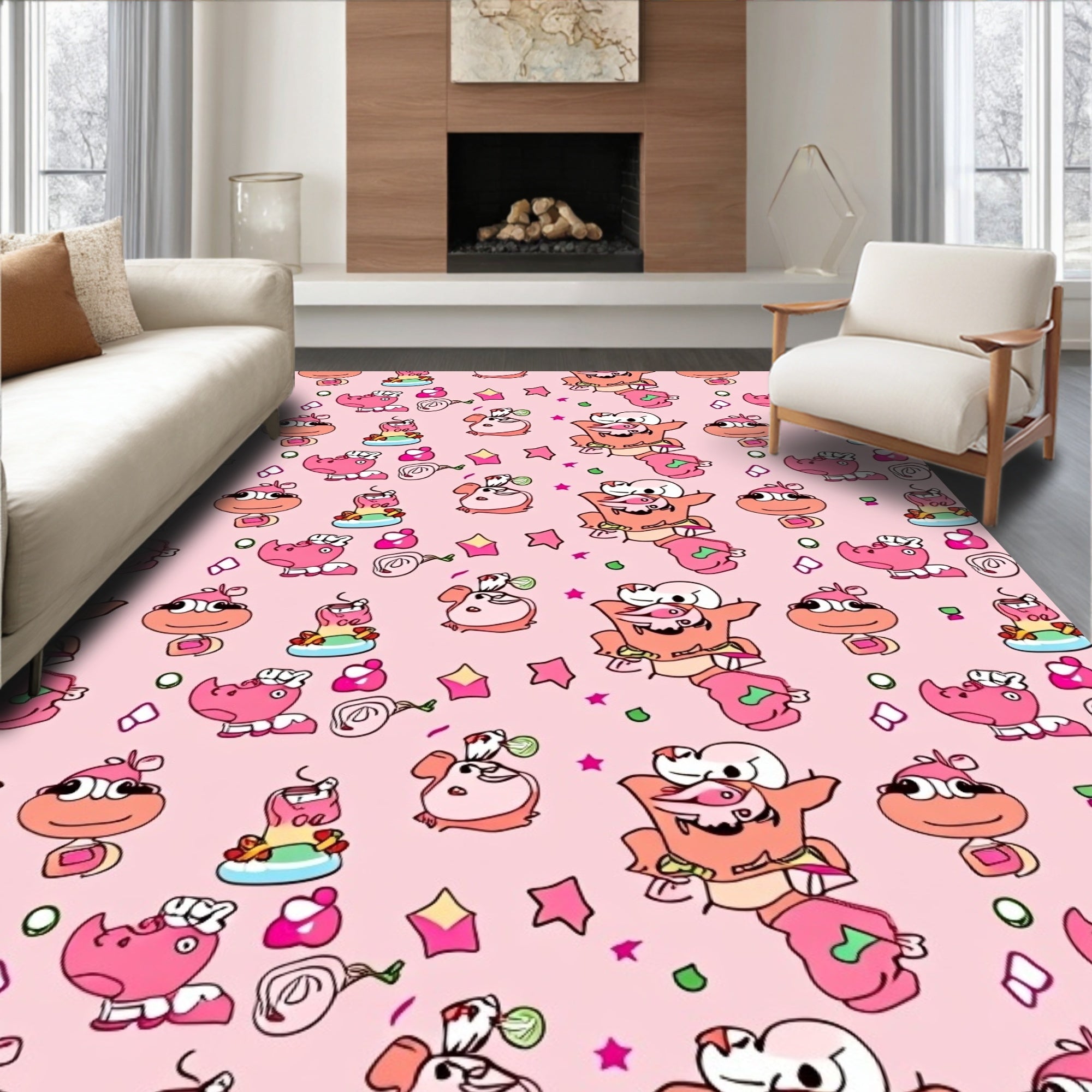 Pink Cartoon Creature Whimsical Repeat Rug