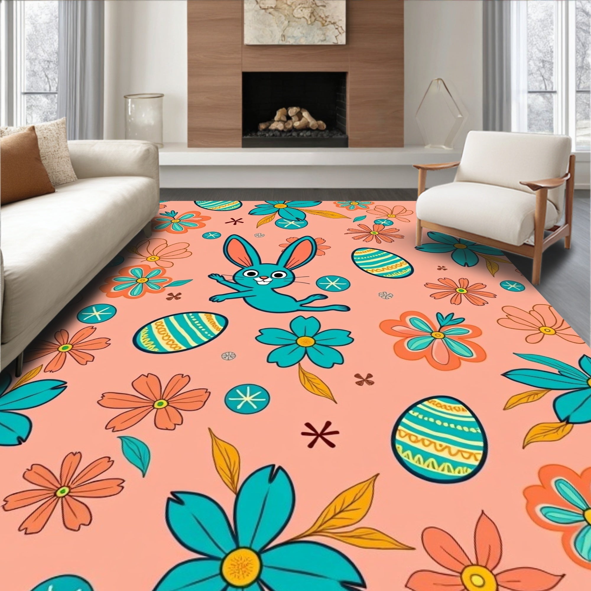Playful Turquoise Bunny Floral Egg Medley Rug