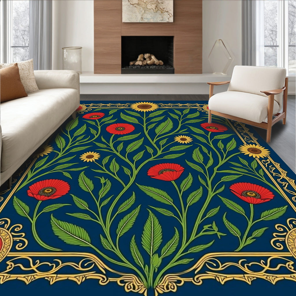 Navy Red Poppy Sunflower Floral Garland Rug