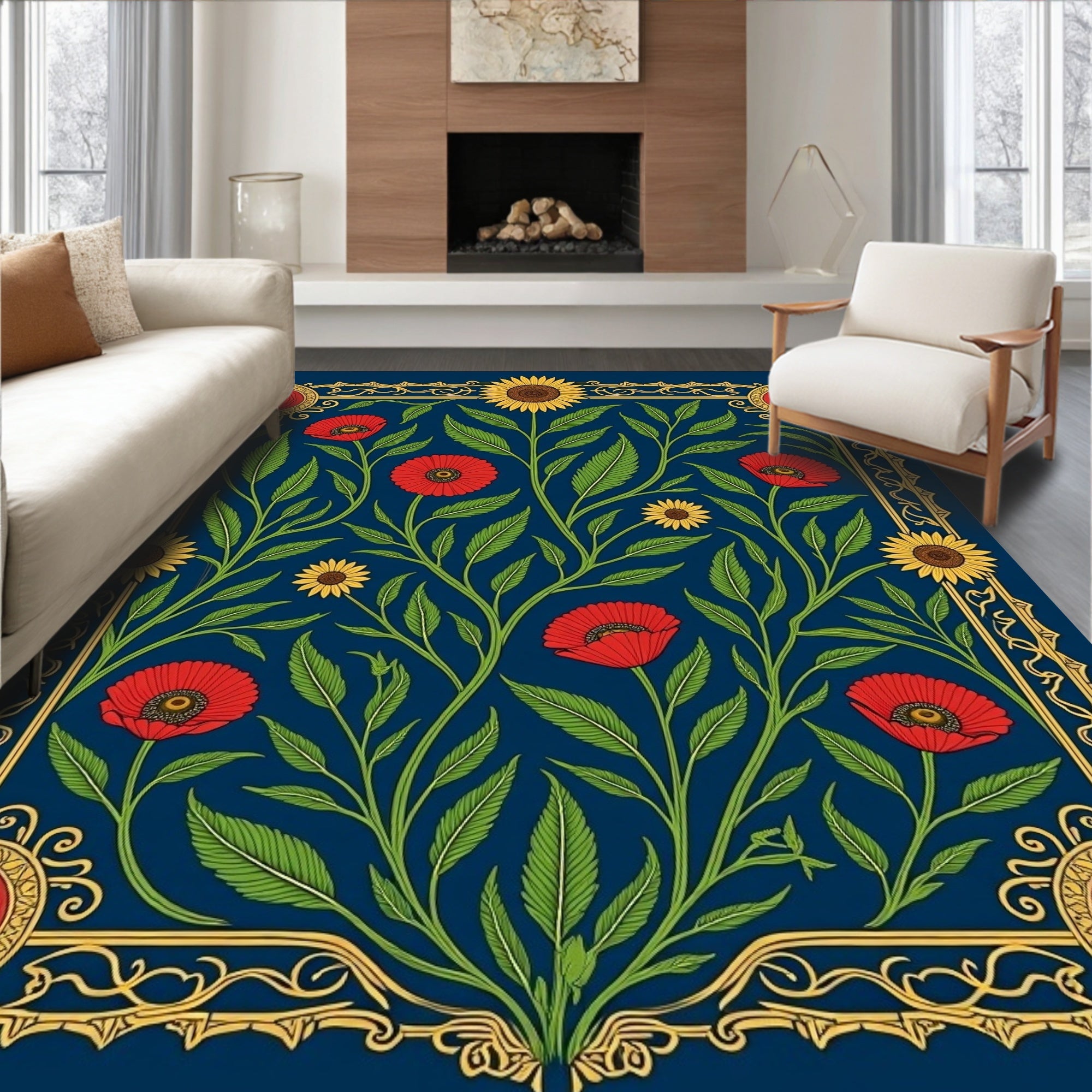 Navy Red Poppy Sunflower Floral Garland Rug