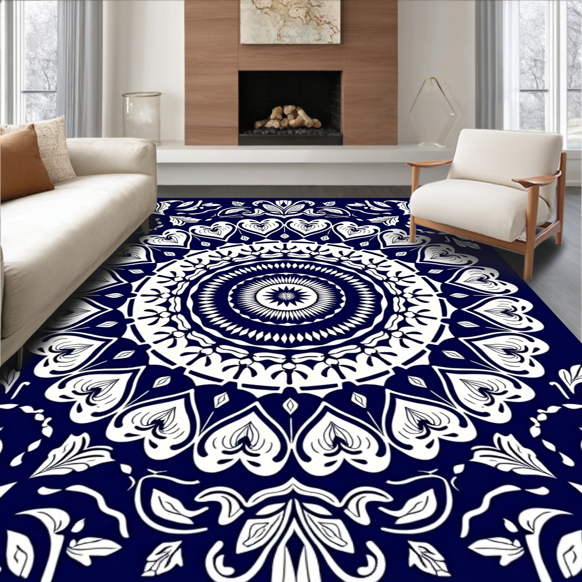 Navy White Heart Mandala Garden Rug