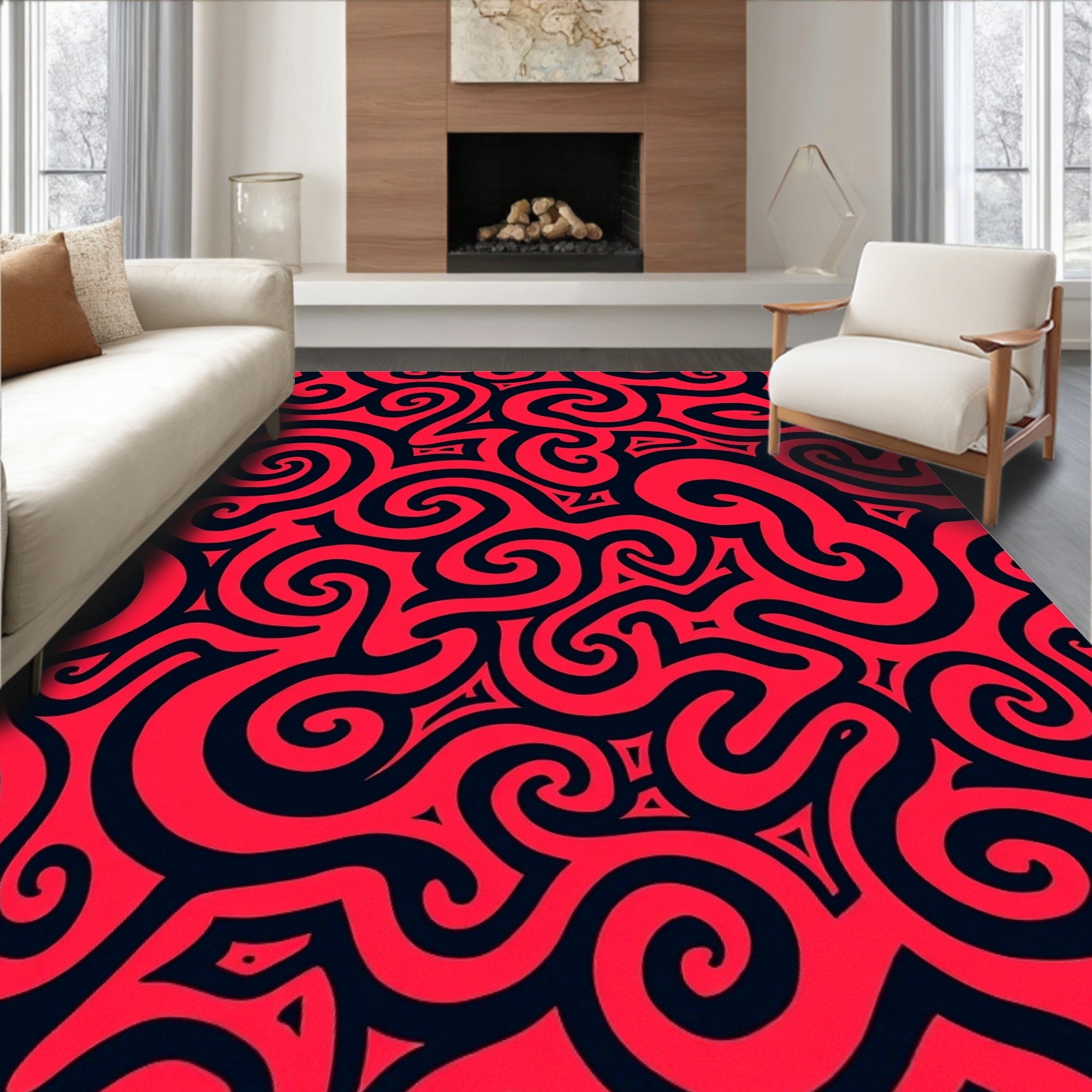 Crimson Swirl Abstract Art Rug