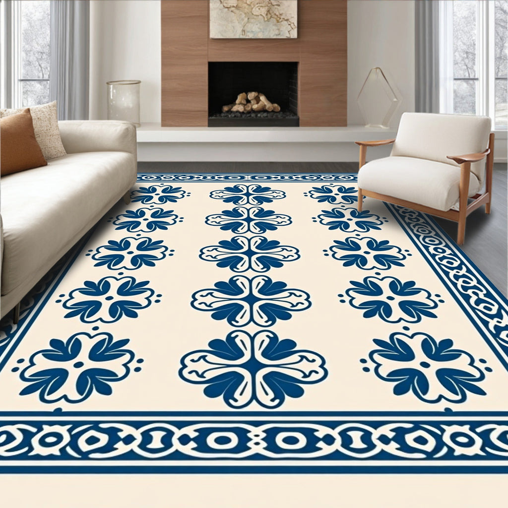 Deep Blue Repeating Blossom Border Rug