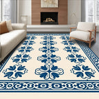 Deep Blue Repeating Blossom Border Rug
