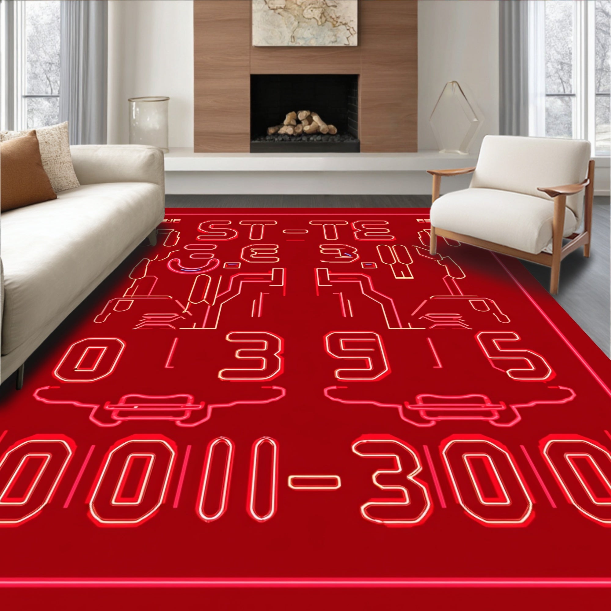 Cybernetic Red Neon Circuit Rug