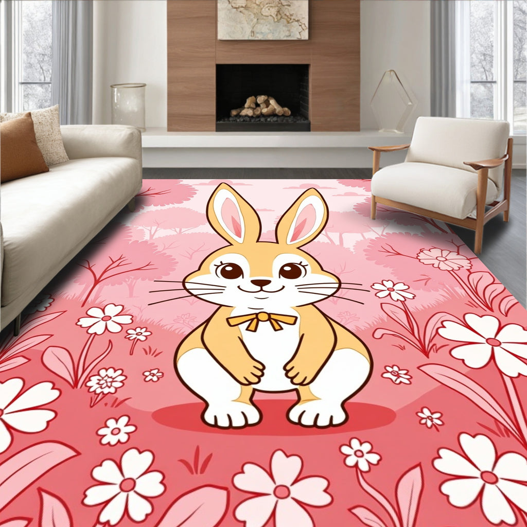 Cute Bunny Garden Floral Meadow Rug