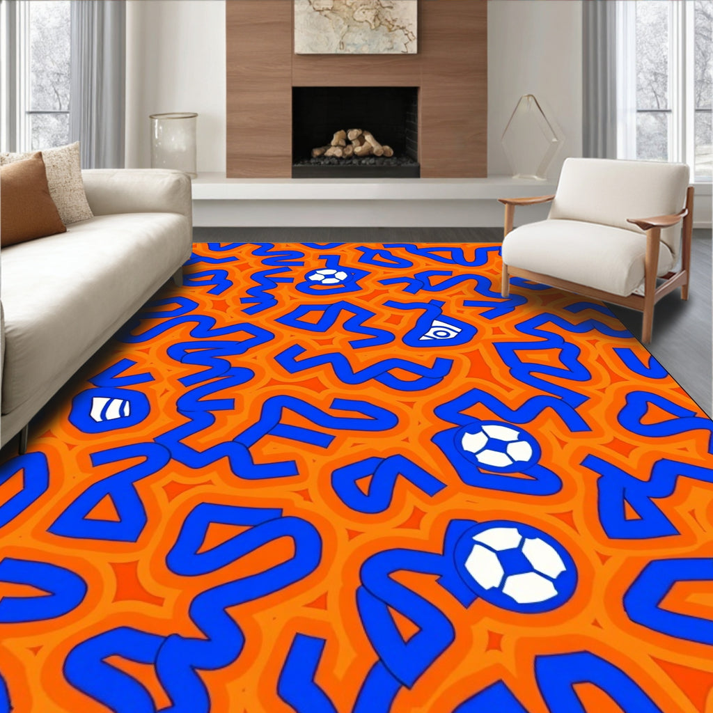 Bold Orange Blue Soccer Ball Swirl Rug
