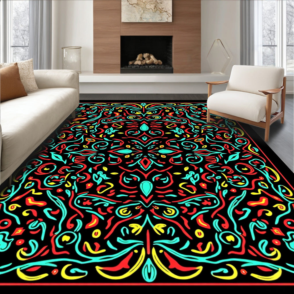 Vibrant Red Aqua Swirl Mandala Rug