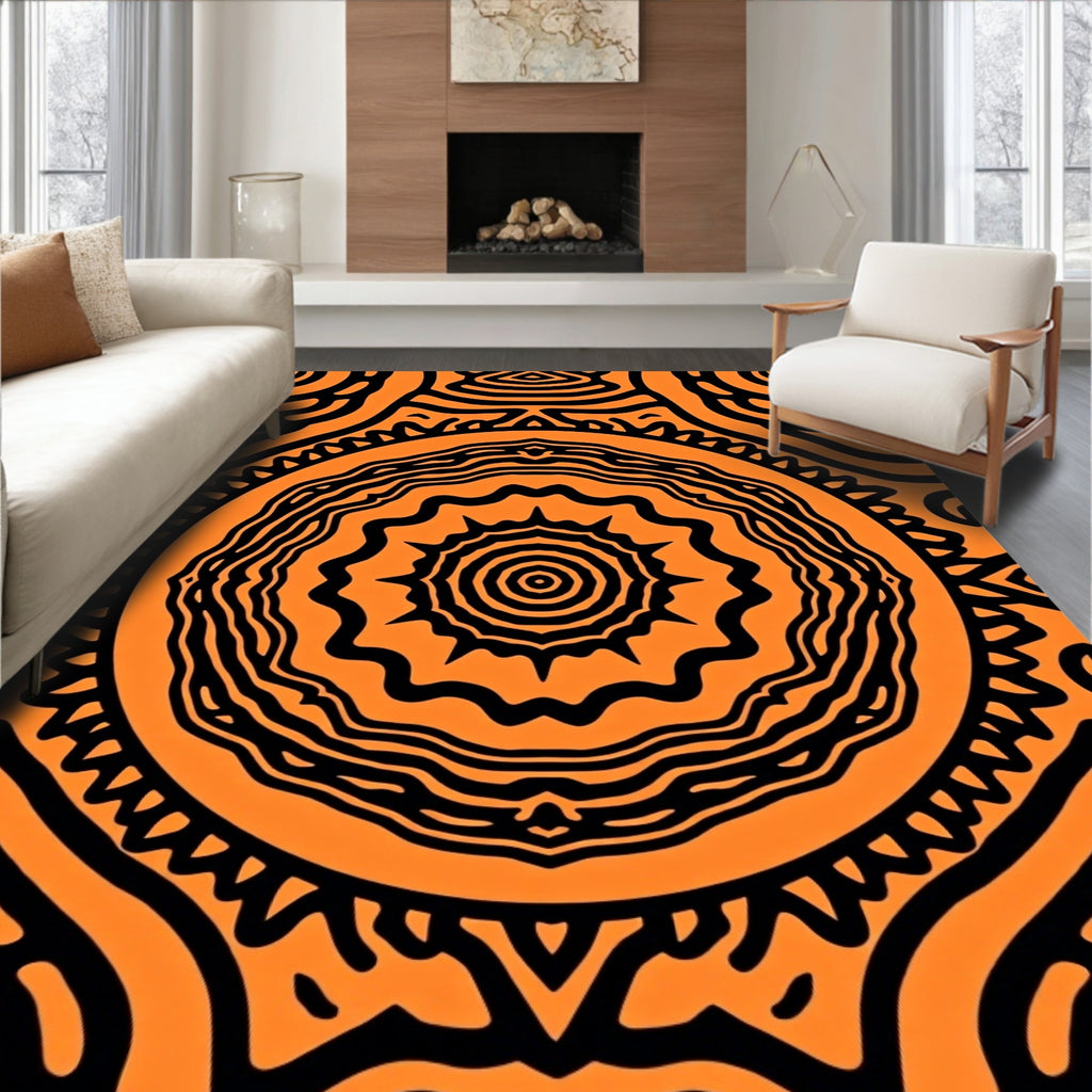 Bold Orange Black Tribal Mandala Rug