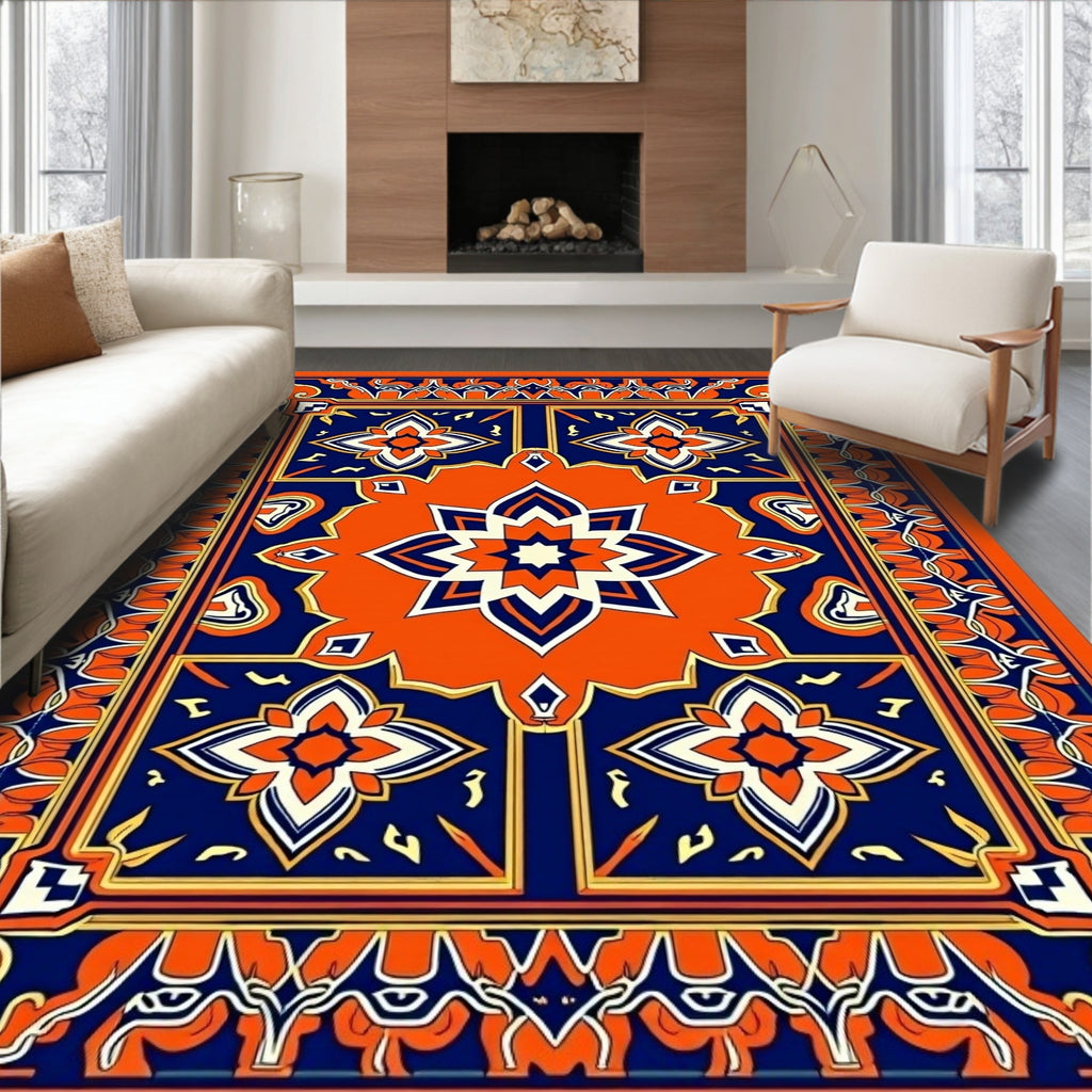 Vibrant Orange Cobalt Starburst Medallion Rug