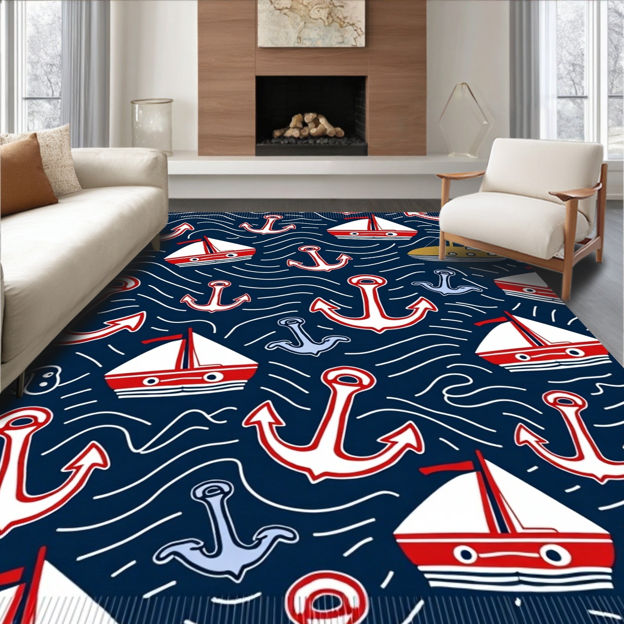Navy Red White Nautical Sailboat Anchor Rug