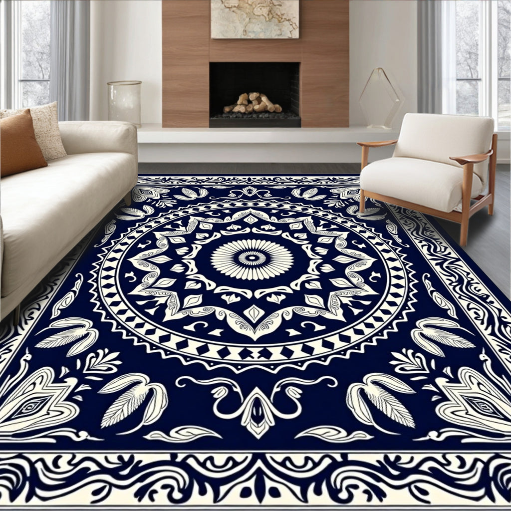 Deep Blue Ivory Circular Border Rug