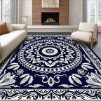 Deep Blue Ivory Circular Border Rug