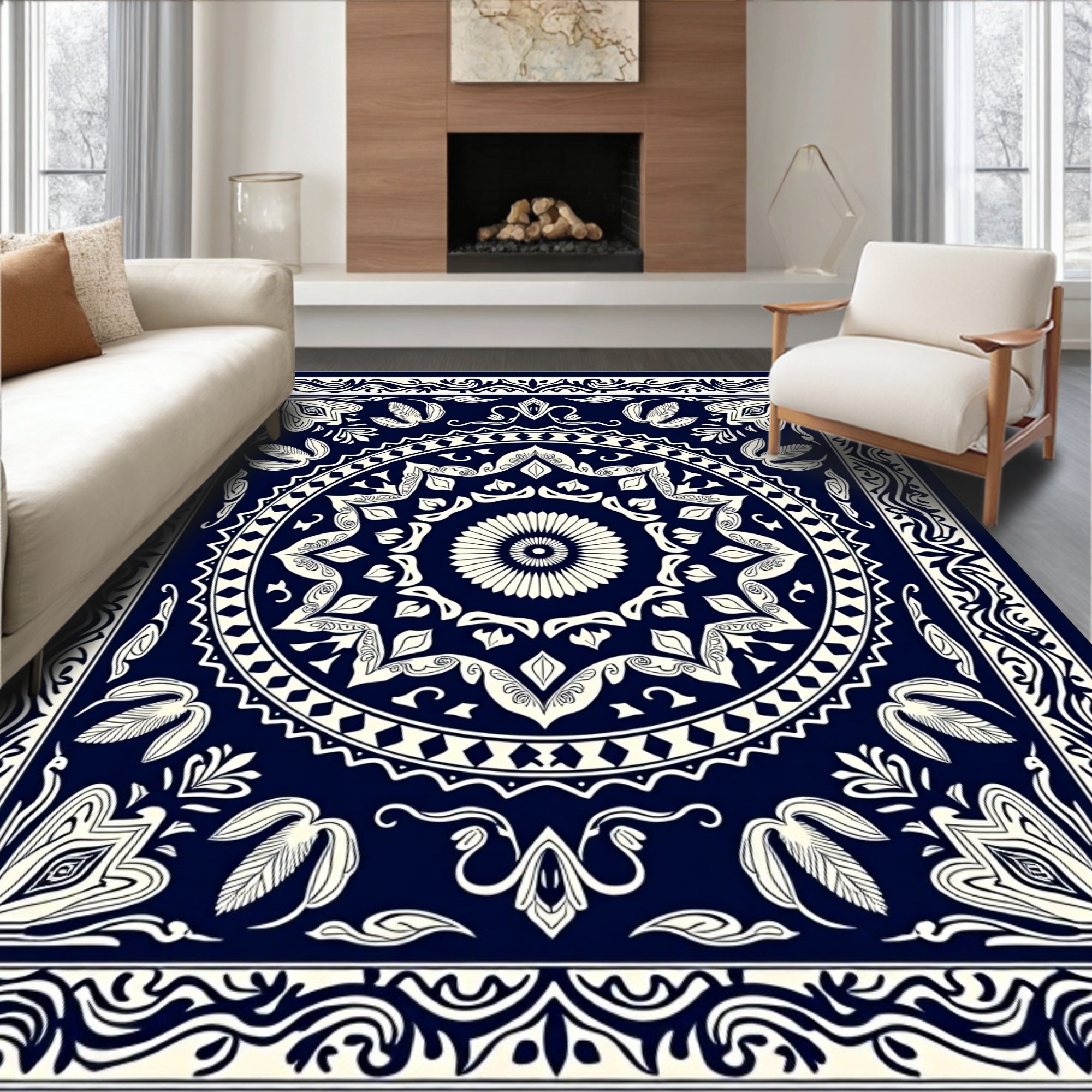Deep Blue Ivory Circular Border Rug