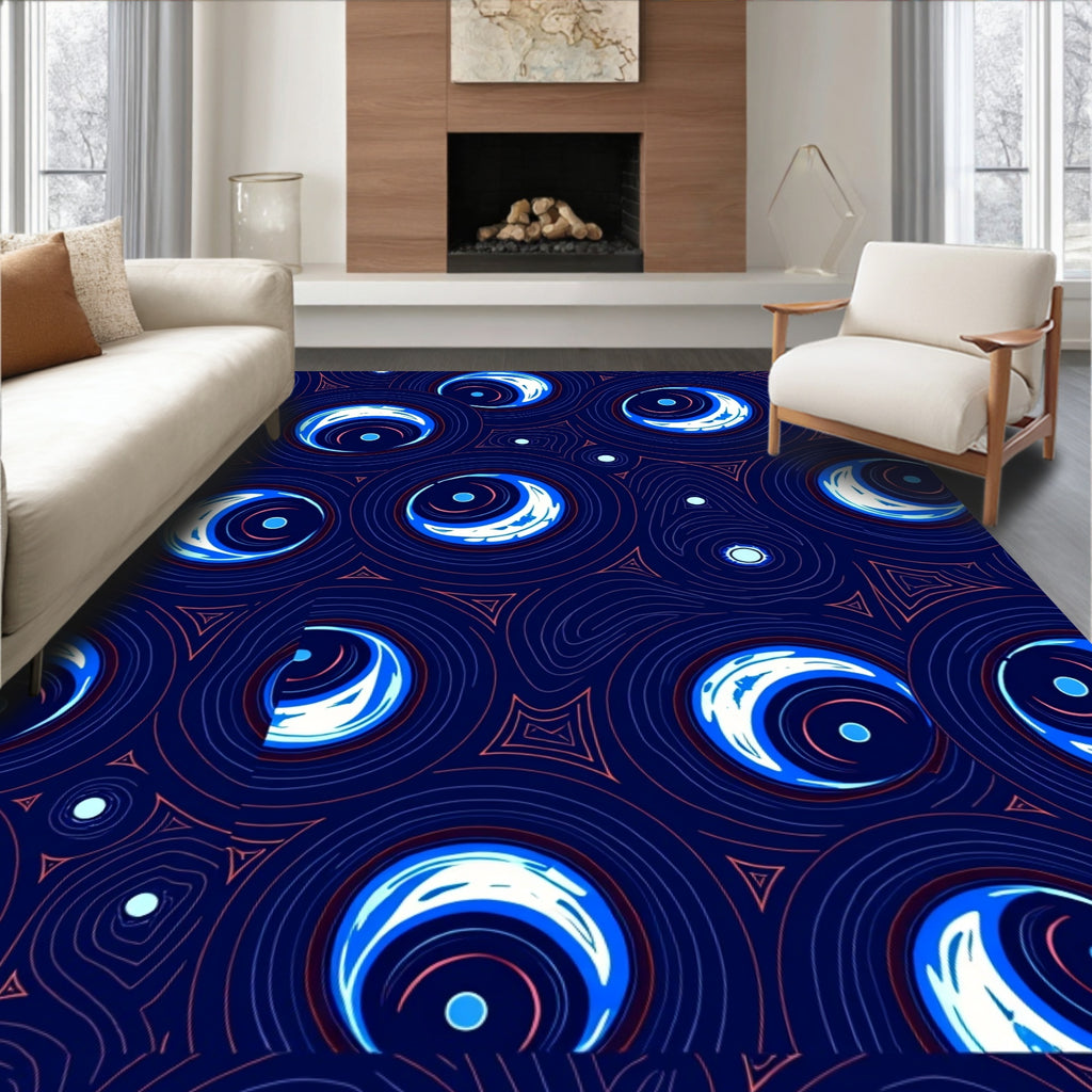 Midnight Blue Crescent Swirl Rings Rug