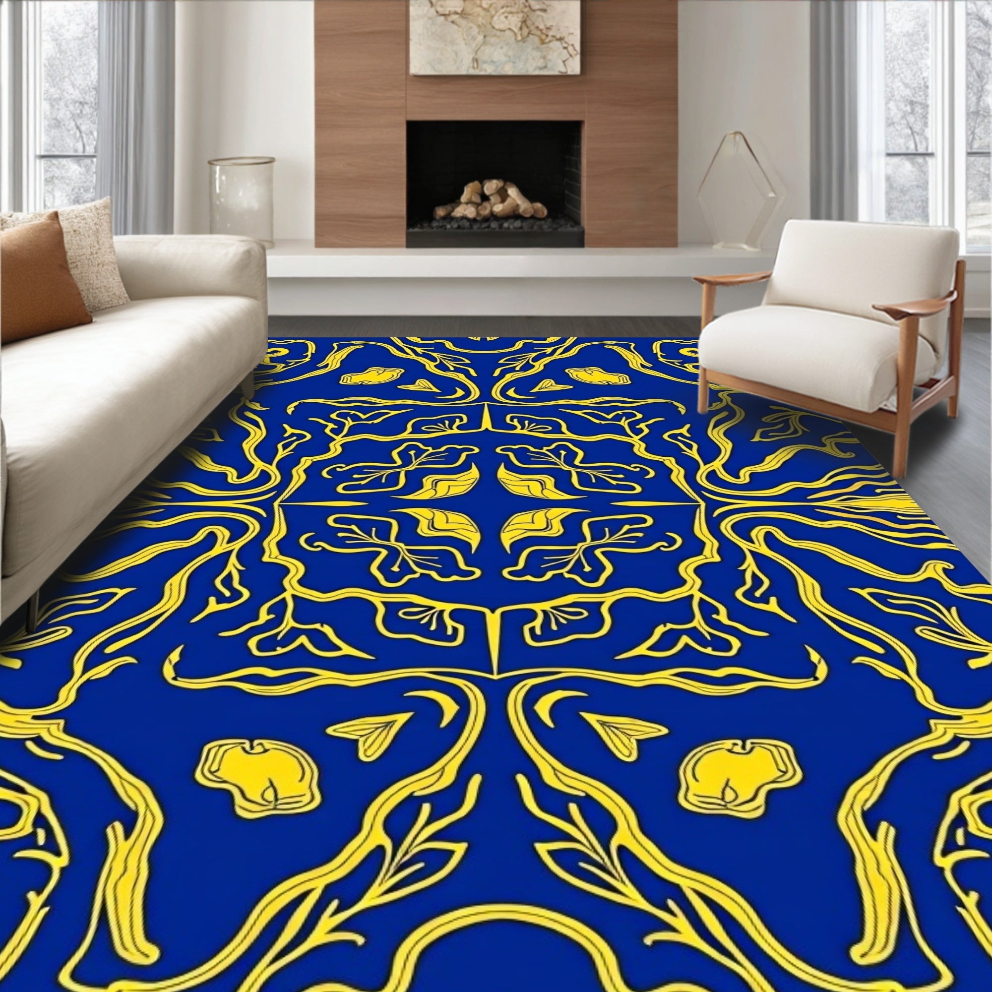 Royal Blue Golden Vine Scroll Rug
