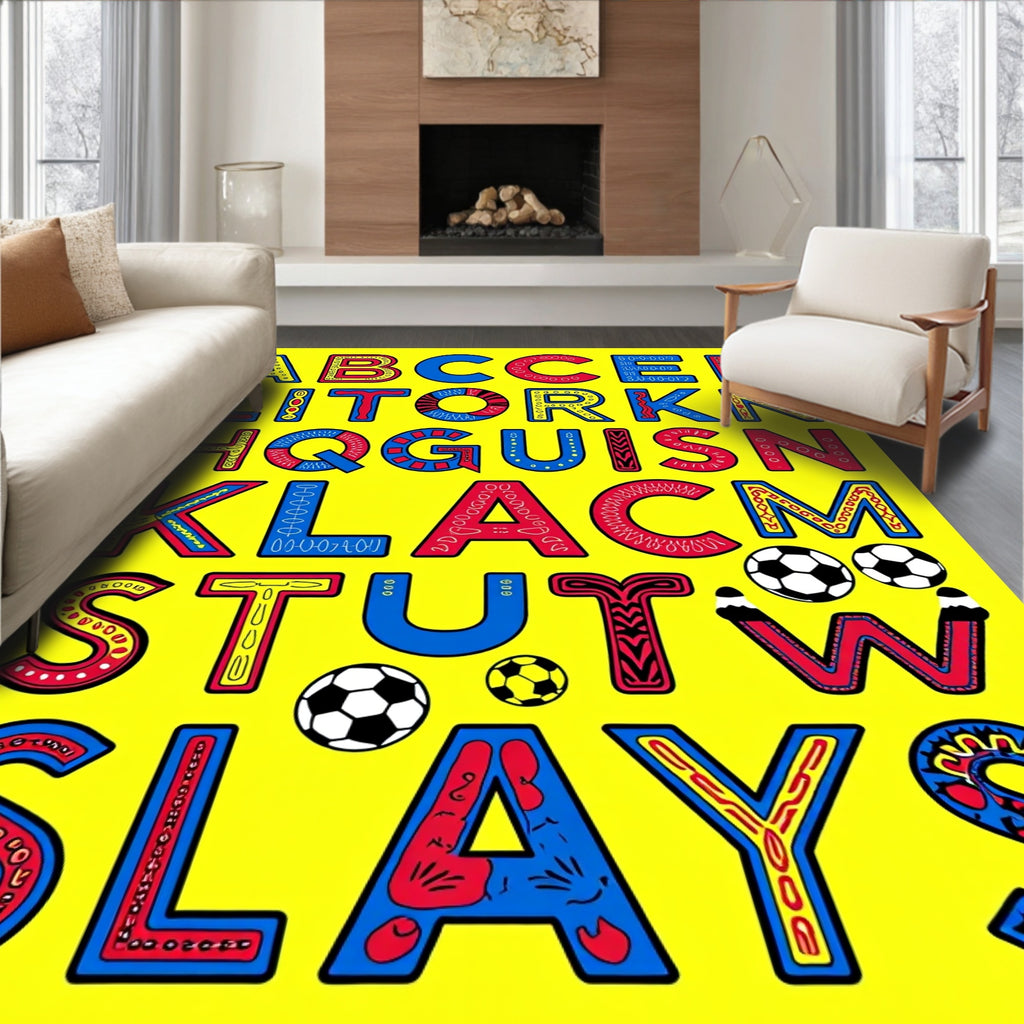 Bold Alphabet Soccer Balls Yellow Rug