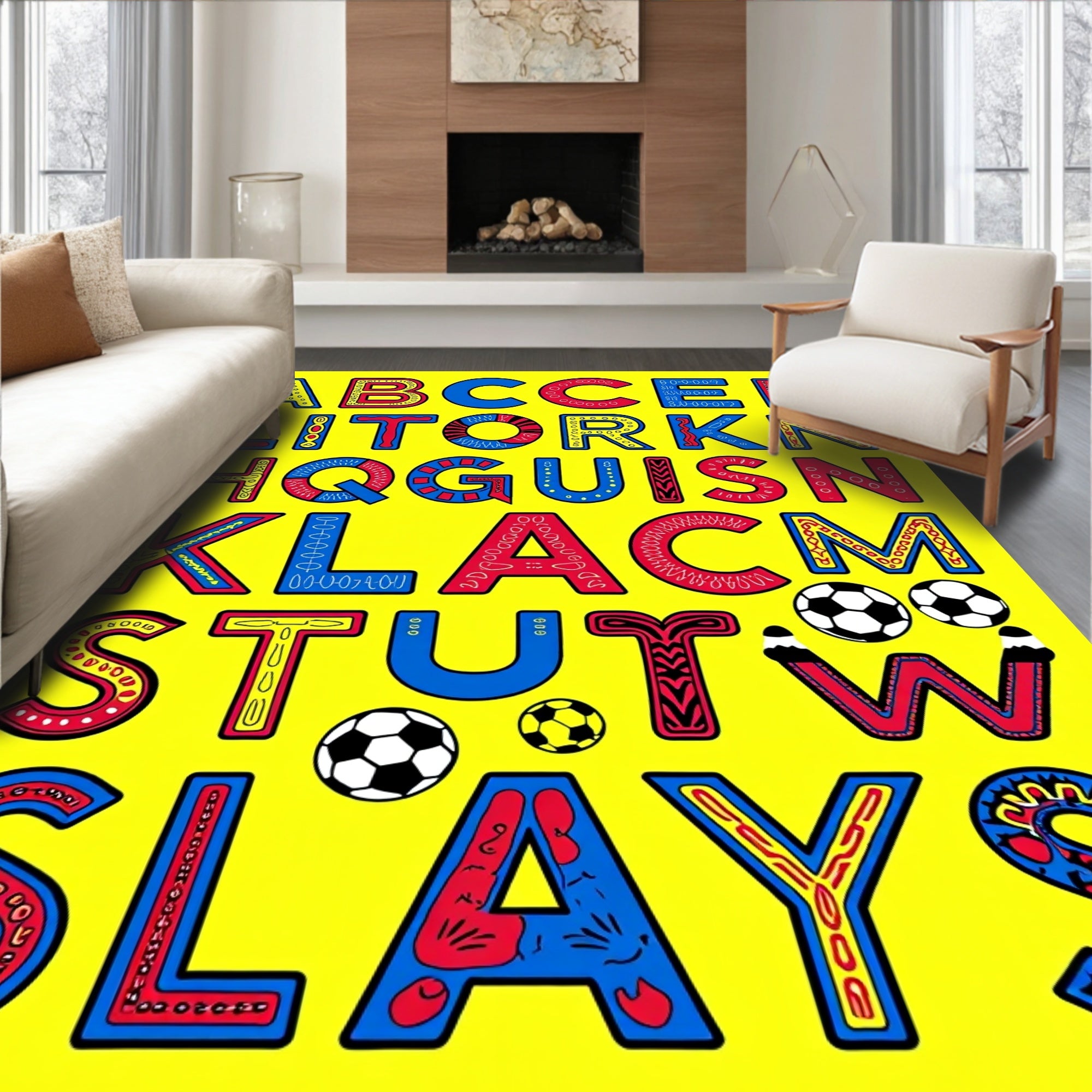 Bold Alphabet Soccer Balls Yellow Rug