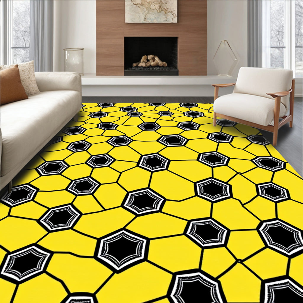 Bright Yellow Hexagonal Soccer Graphics Rug