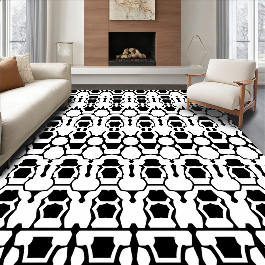 Bold Black White Abstract Hexagon Rug