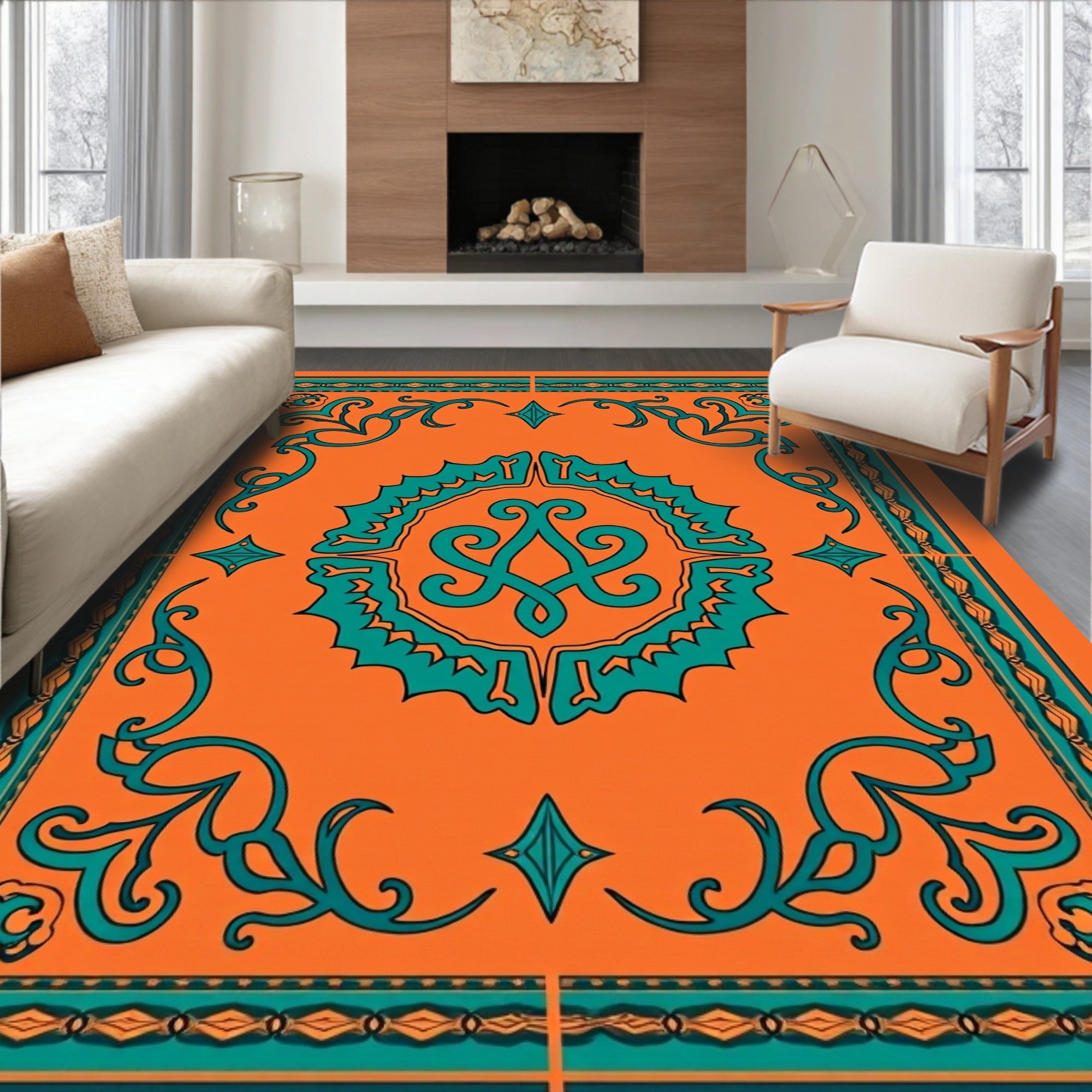 Orange Teal Ornate Scroll Medallion Rug