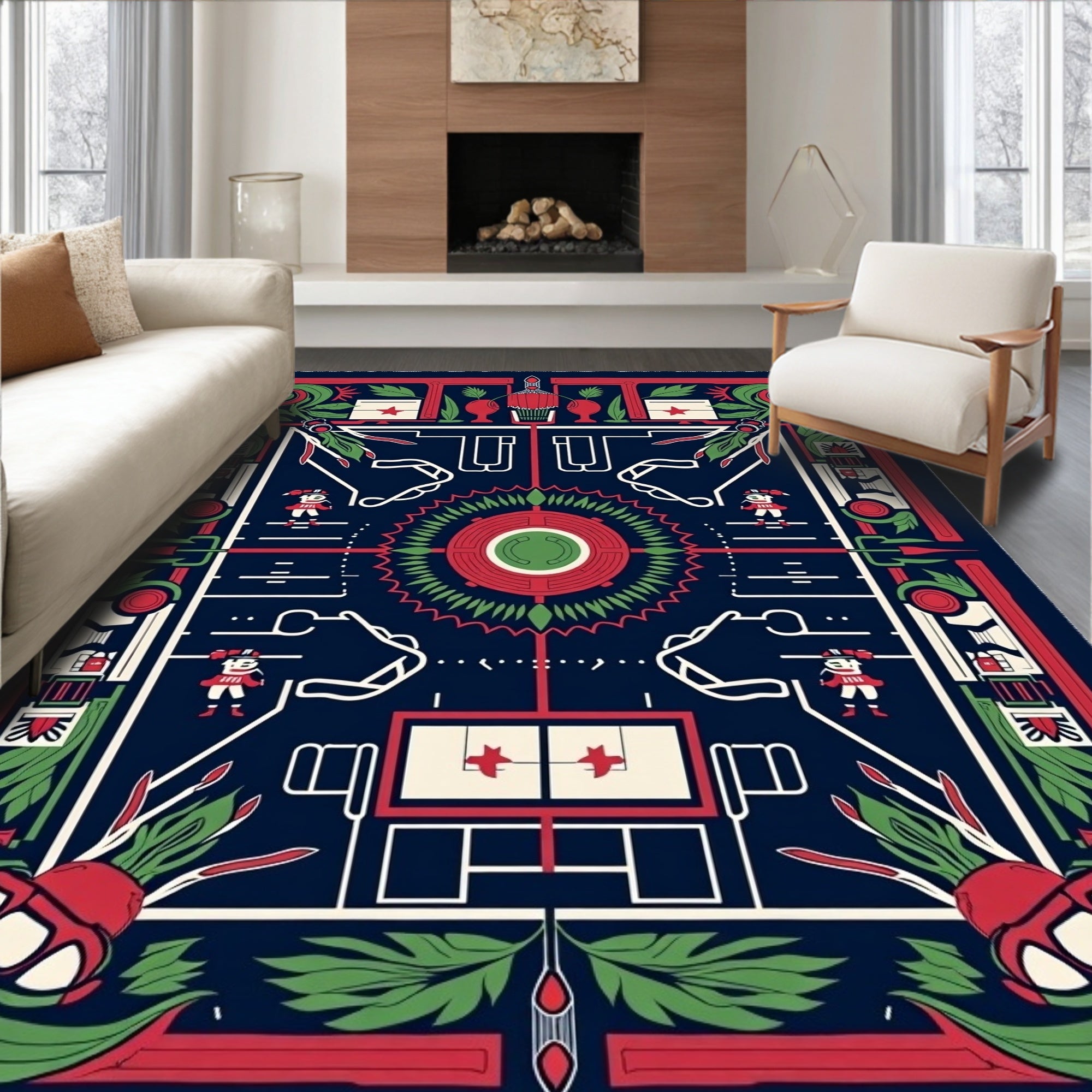 Bold Navy Red Green Geometric Garden Figures Rug