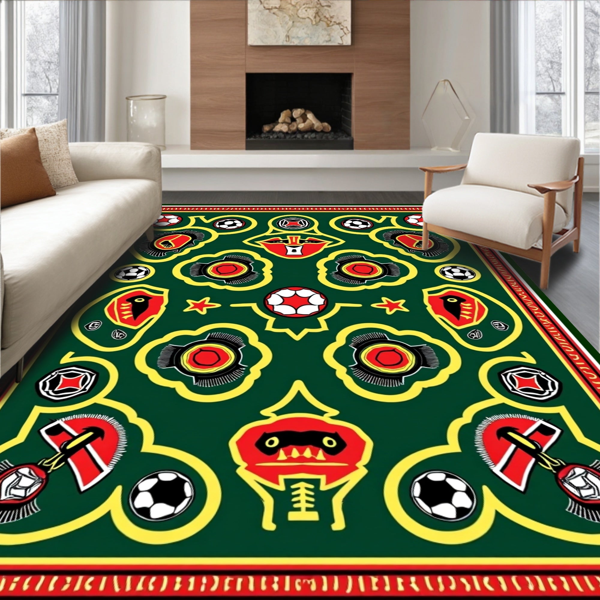 Bold Red Black Soccer Ball Medallion Rug