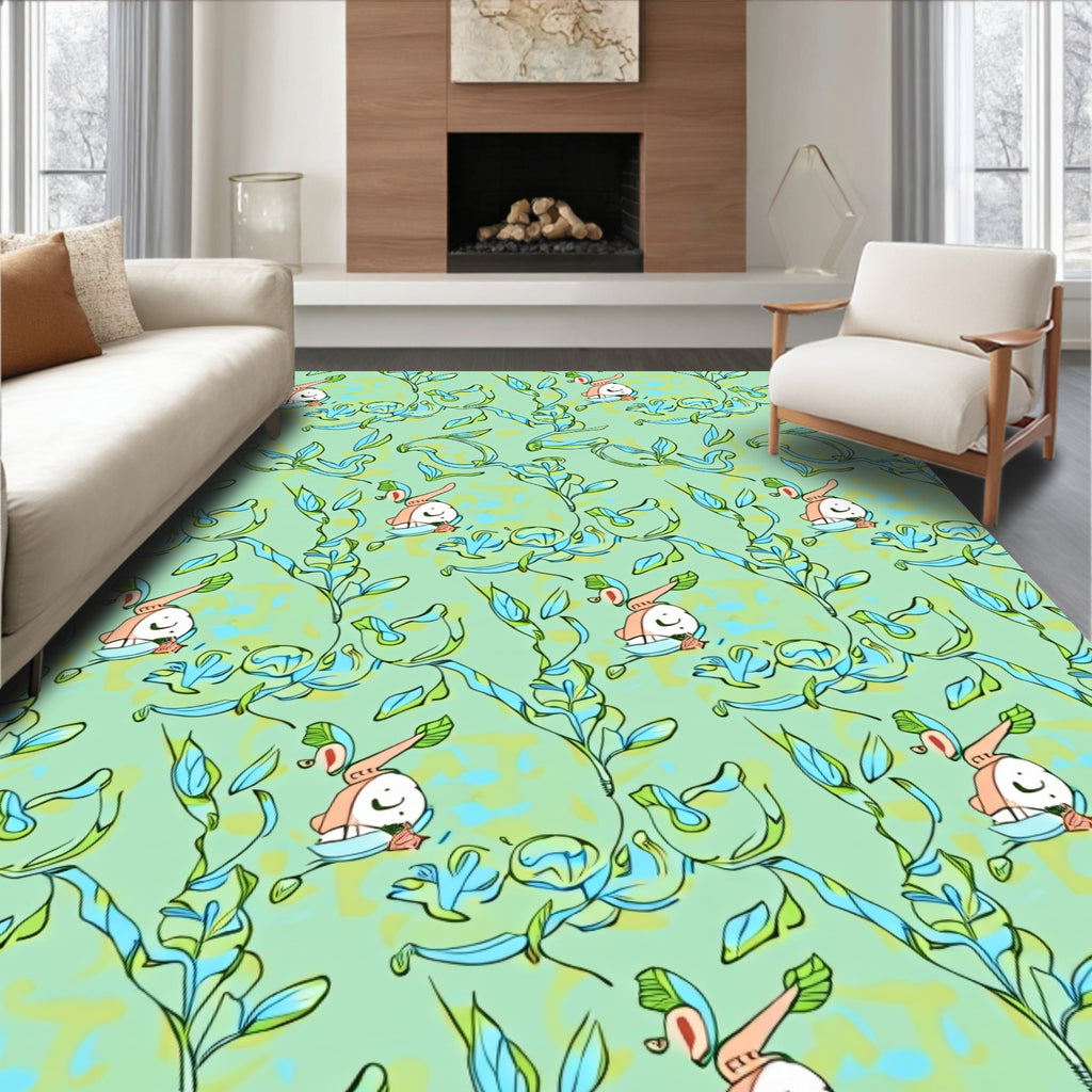 Whimsical Green Abstract Floral Creatures Rug
