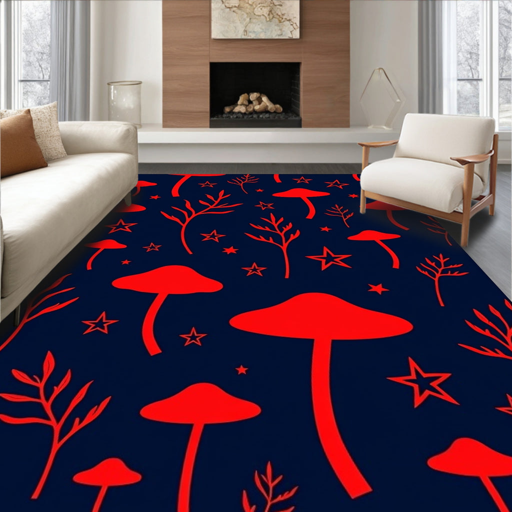 Crimson Mushroom And Star Garden Rug