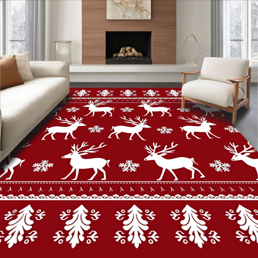 Crimson Reindeer Snowflake Scandinavian Rug
