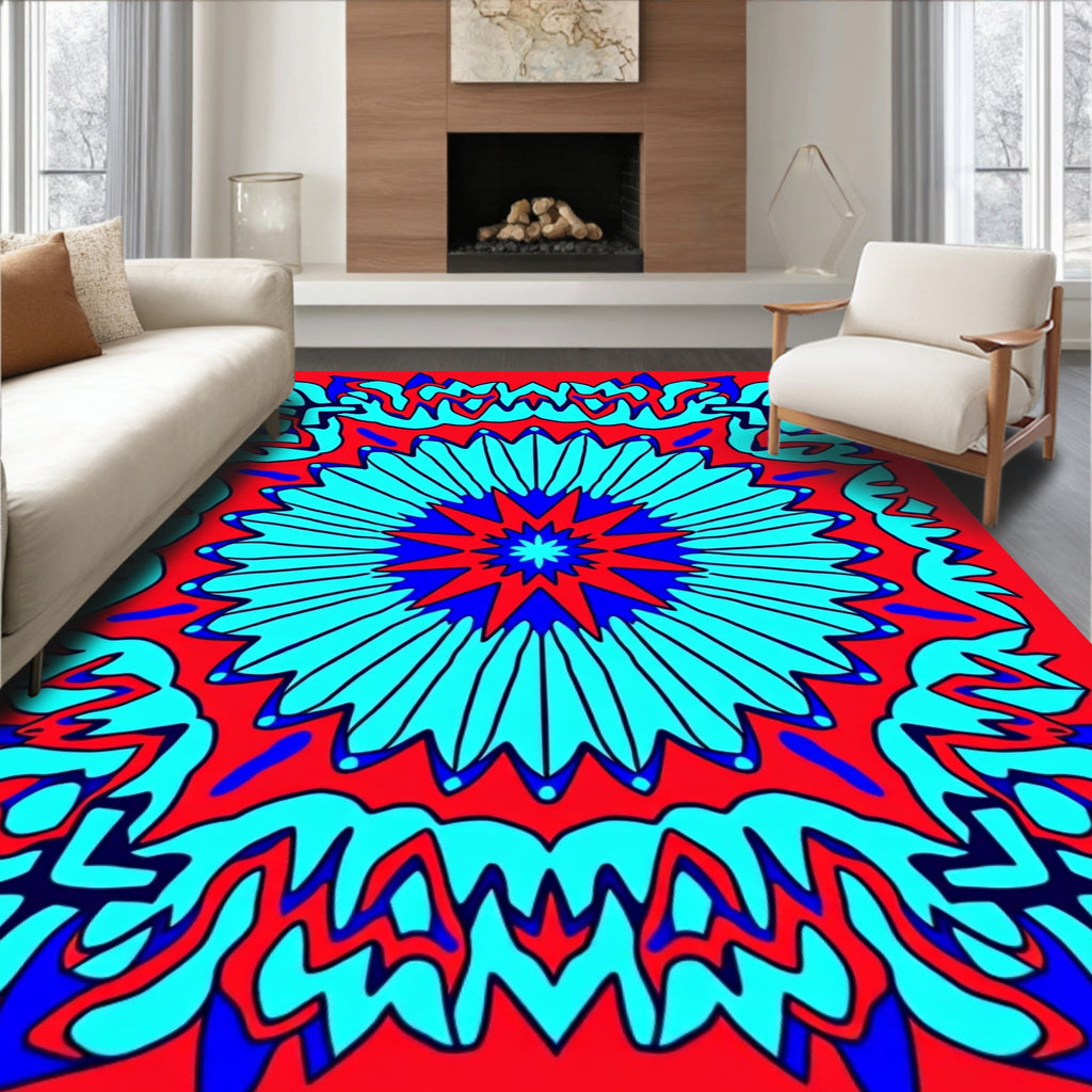 Symmetric Blue Red Floral Sunburst Rug