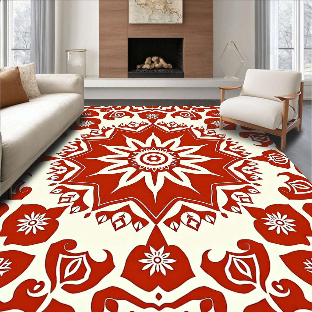 Vibrant Red Floral Sunburst Medallion Rug