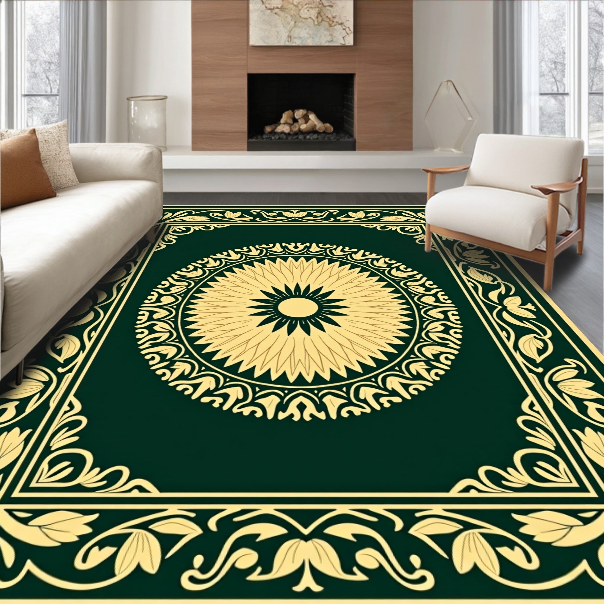 Green and Gold Floral Medallion Border Rug