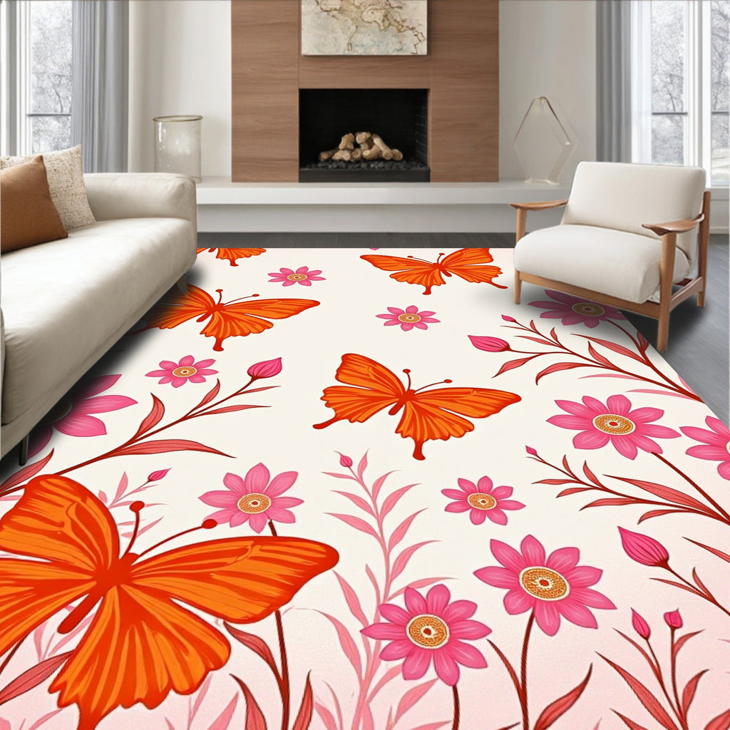 Orange Butterflies Pink Bloom Meadow Rug